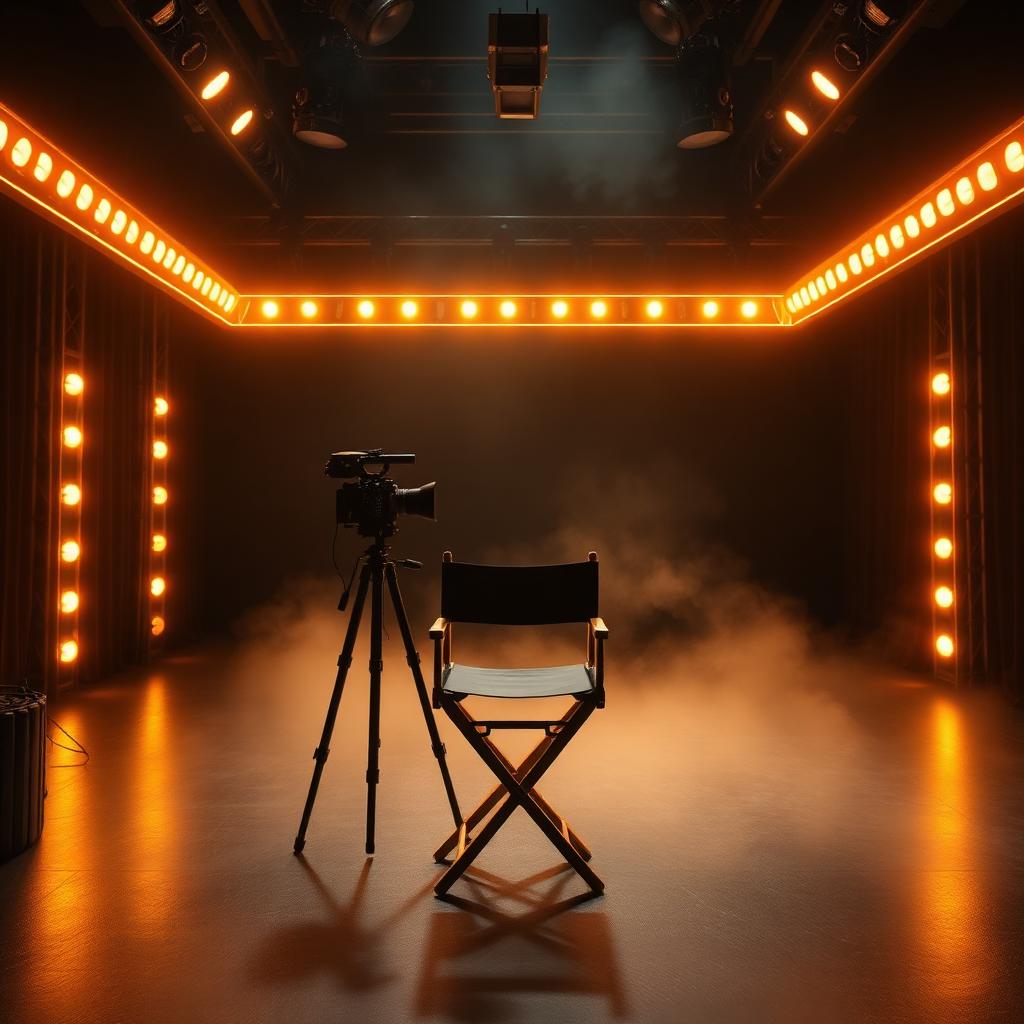 I AM MUZIK STUDIOS soundstage — cinema camera on a dark stage lit with warm gold