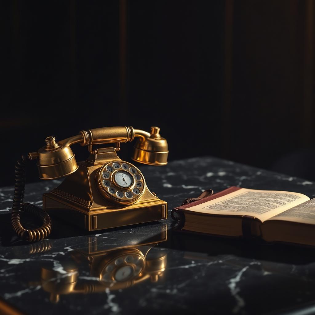 A gold vintage telephone on a dark marble desk beside a leather-bound script